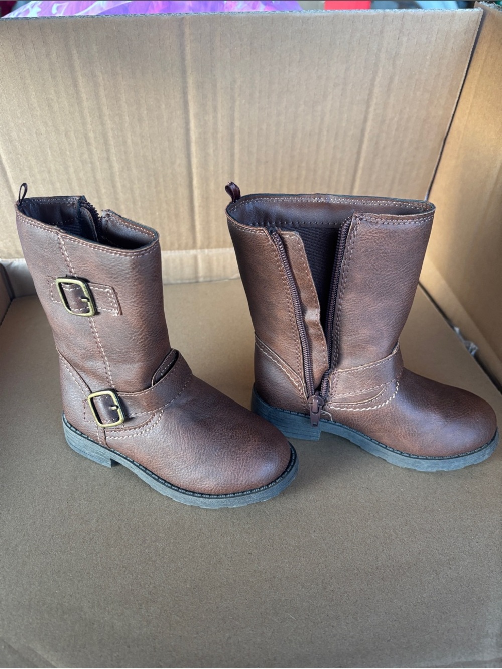 Carter’s Kids Brown Faux Leather Riding Boots with Buckle Accent